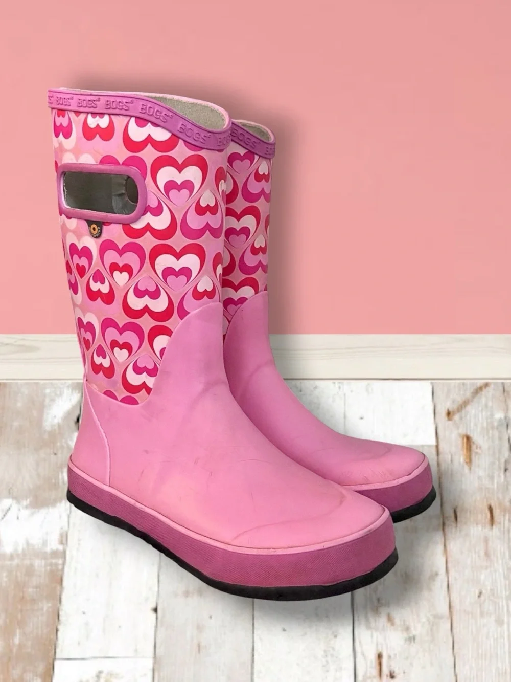 Bogs Girls Rain Boots Waterproof Pink Heart Size 3 VGUC ☔️